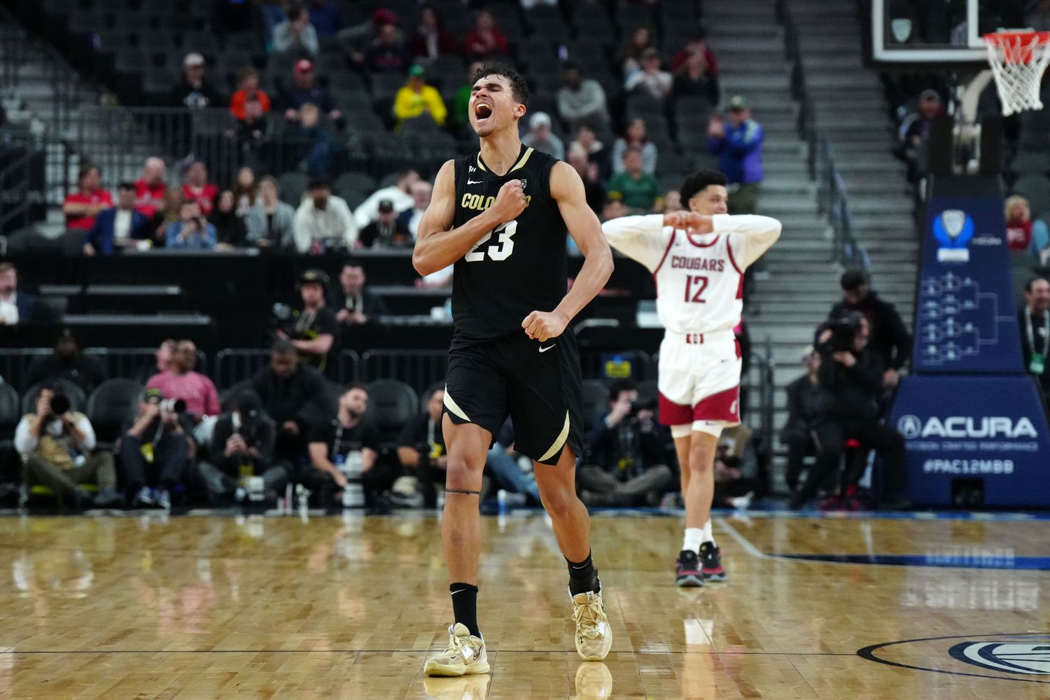 Mar 15, 2024; Las Vegas, NV, USA; Colorado Buffaloes forward Tristan da Silva (23) celebrates in the second half against the Washington State Cougars at T-Mobile Arena. Mandatory Credit: Kirby Lee-USA TODAY Sports